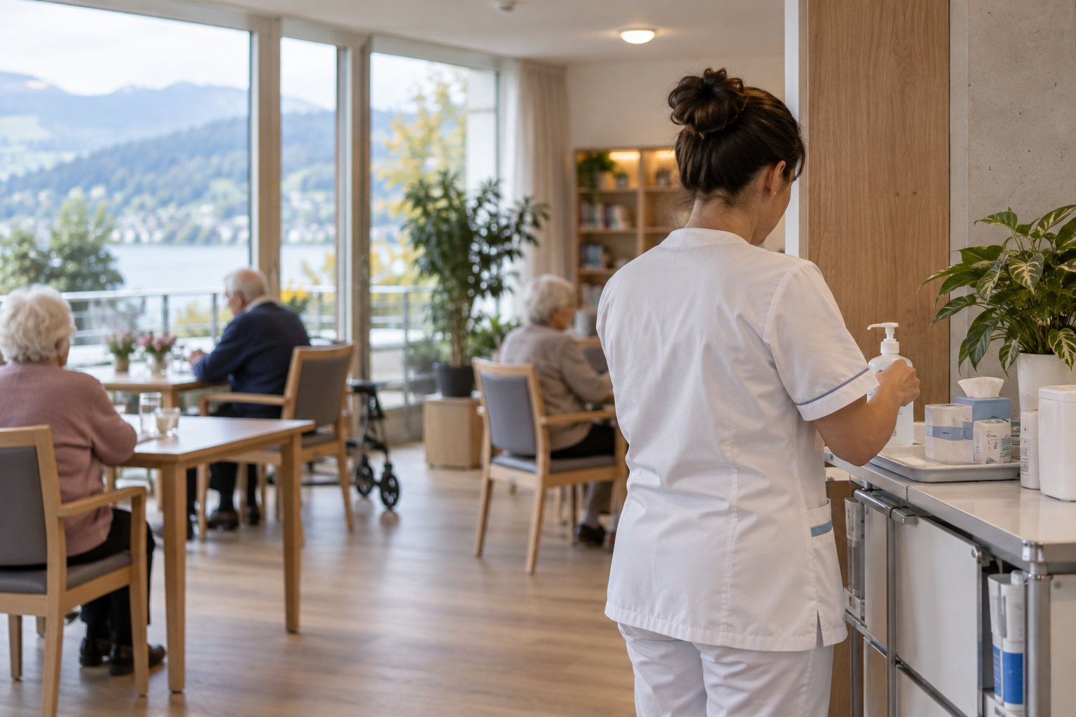Pflegefachperson bereitet Hygienematerial in einem hellen Gemeinschaftsbereich eines Schweizer Pflegeheims vor.