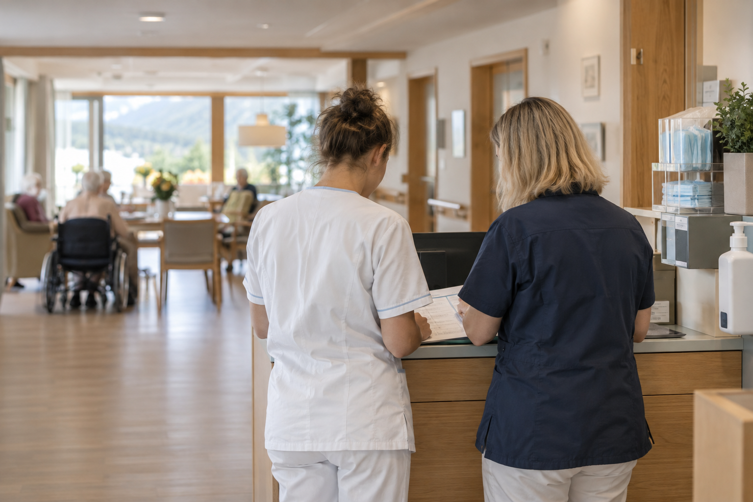 Zwei Fachpersonen besprechen Hygienemassnahmen an einem Pflegestützpunkt in einem Schweizer Pflegeheim.
